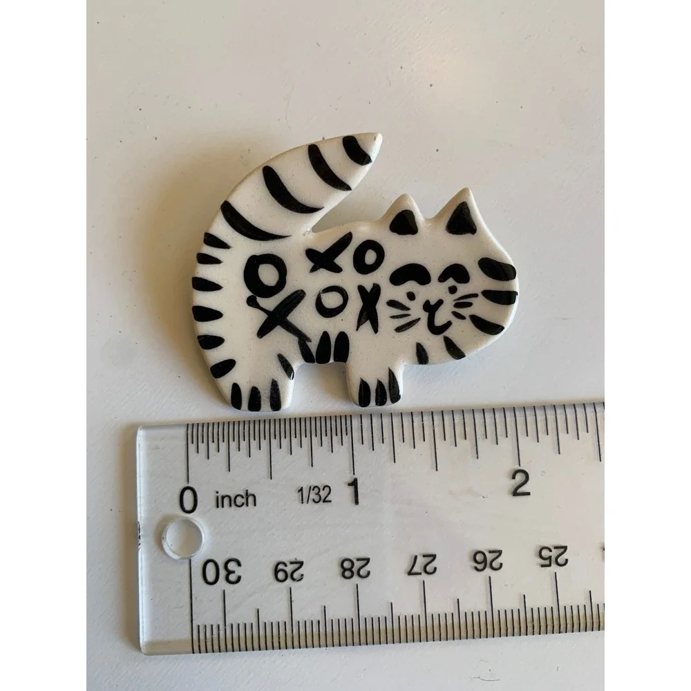 Vintage Hand Painted Ceramic Cat Brooch Pin XOXO Black White Striped Tabby